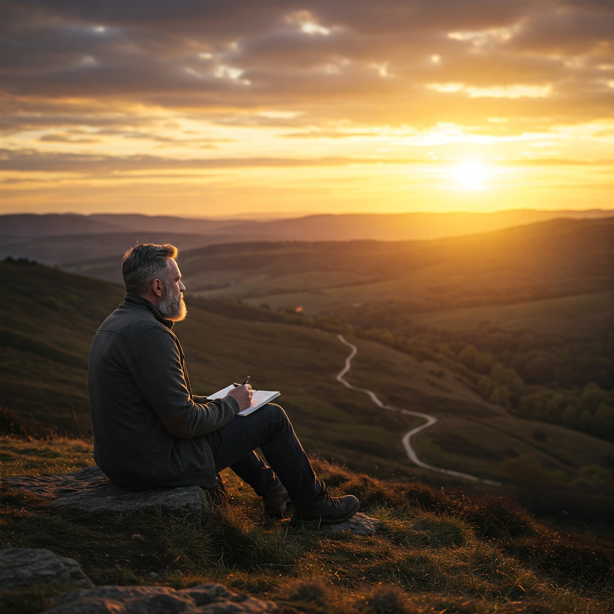 Person sitting on hill at sunset